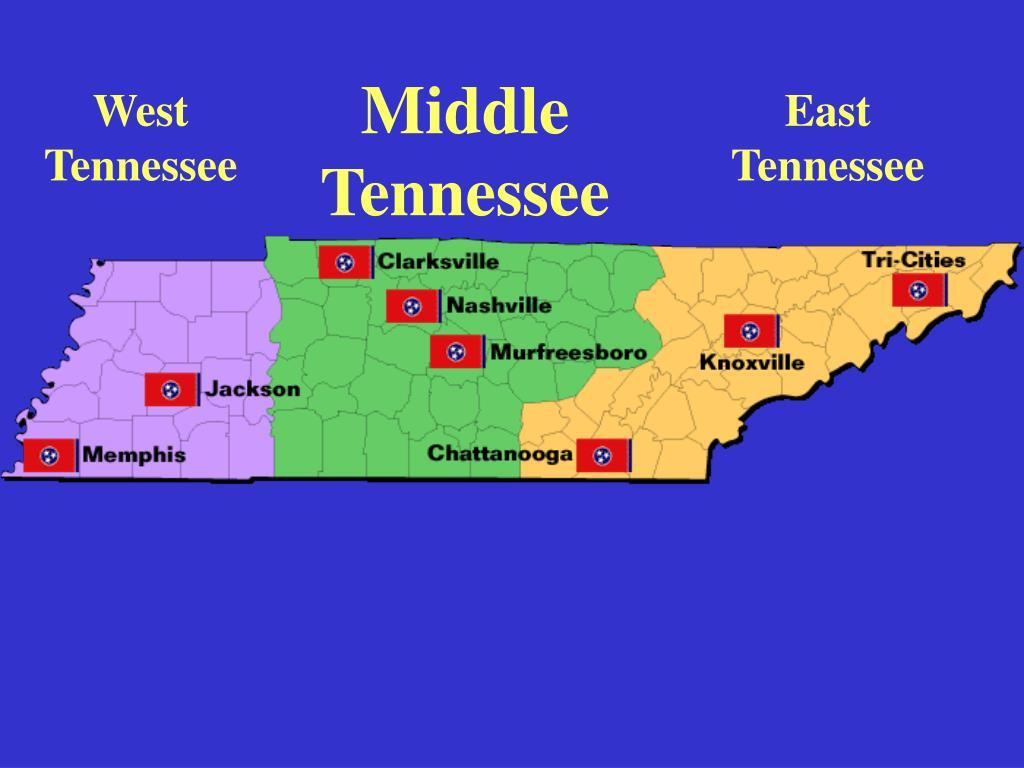 Map of Tennessee showing West, Middle and East Tennessee, with Memphis, Jackson, Clarksville, Nashville, Murfreesboro, Chattanooga, Knoxville and the Tri-Cities marked.